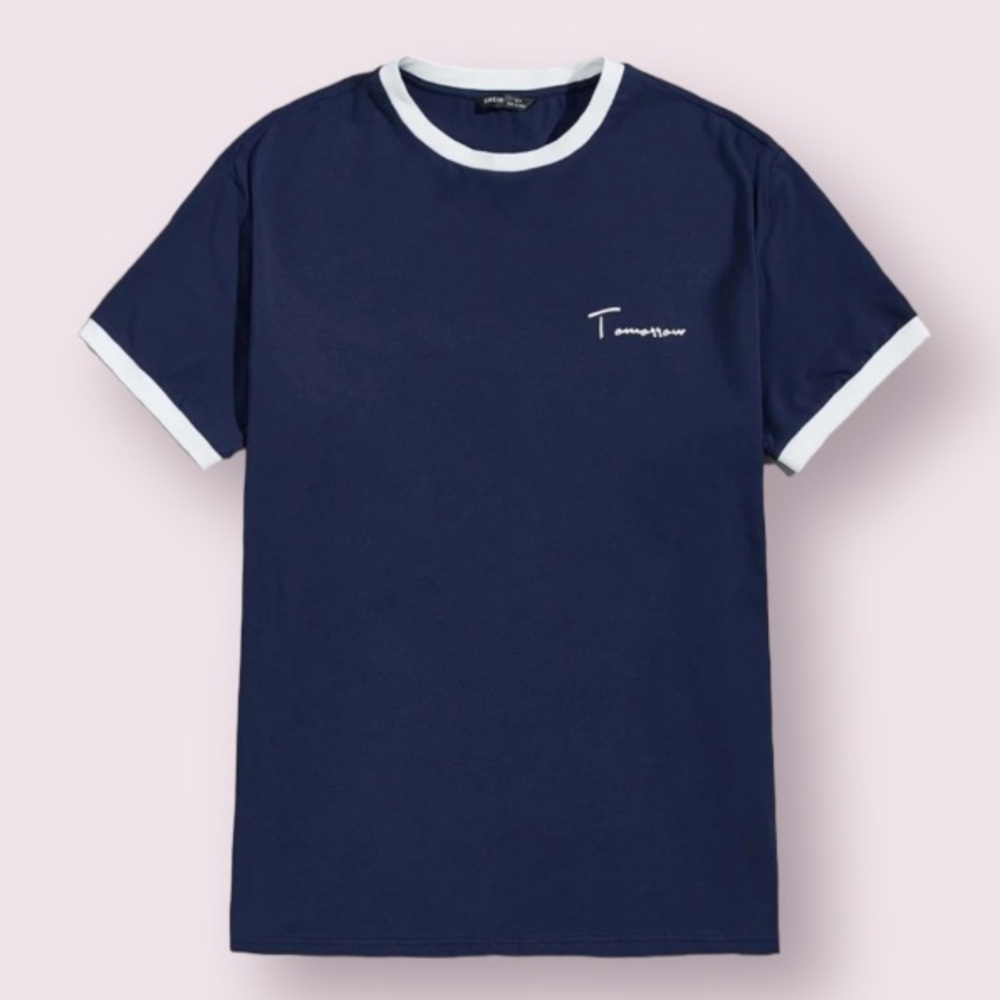 Manfinity Sporsity Men Cotton Letter Graphic Ringer Tee in Navy & White